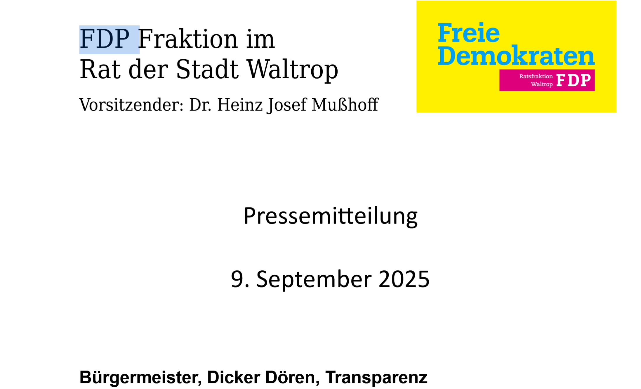 Pressemitteilung der FDP-Ratsfraktion zum Dicken Dören